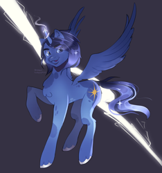 Size: 3180x3400 | Tagged: safe, derpibooru import, oc, oc:blue thunder, alicorn, background, concave belly, lightning, raised hoof, raised leg, slender, spread wings, thin, wings