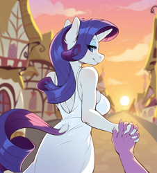 Size: 1952x2160 | Tagged: safe, ai content, derpibooru import, generator:stable diffusion, machine learning generated, rarity, spike, anthro, dragon, unicorn, beautiful, big breasts, breasts, clothes, dress, ear fluff, ears, eyeshadow, female, holding hands, lidded eyes, looking at you, looking back, looking back at you, looking over shoulder, makeup, male, male pov, offscreen character, offscreen male, pov, prompter:guiltygrow, raritits, romance, romantic, shipping, sideboob, sparity, straight, sunset