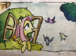 Size: 2668x2000 | Tagged: safe, artist:meowmeows, artist:meowmeows4872, derpibooru import, fluttershy, bird, pegasus, pony, female, mare, smiling, teeth, traditional art