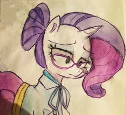 Size: 2185x2000 | Tagged: safe, artist:meowmeows, artist:meowmeows4872, derpibooru import, rarity, pony, unicorn, female, glasses, mare, rarity is not amused, sad, schoolmarm rarity, solo, traditional art, unamused