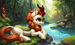 Size: 5120x3072 | Tagged: safe, ai content, derpibooru import, generator:pony diffusion v6 xl, generator:purplesmart.ai, generator:stable diffusion, machine learning generated, autumn blaze, kirin, g4, dock, ear fluff, ears, lying, nature, prompter:kluknawa235, river, smiling, tail, tree, water