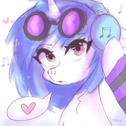 Size: 1114x1114 | Tagged: safe, artist:inxinfate, derpibooru import, dj pon-3, vinyl scratch, pony, unicorn, g4, bust, female, glasses, headphones, heart, looking at you, mare, music notes, nose piercing, open mouth, piercing, septum piercing, signature, simple background, solo, speech bubble, white background