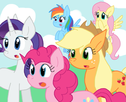 Size: 1087x876 | Tagged: safe, artist:cmara, derpibooru import, applejack, fluttershy, pinkie pie, rainbow dash, rarity, earth pony, pegasus, pony, unicorn, g4, female, hoof over mouth, shocked