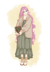 Size: 1640x2360 | Tagged: safe, artist:labrony12, derpibooru import, fluttershy, human, alternate hairstyle, blushing, clothes, coat, cute, female, flower, humanized, jewelry, necklace, plant, shoes, shyabetes, skirt, socks, solo