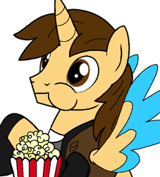 Size: 600x661 | Tagged: safe, artist:noi kincade, derpibooru import, oc, oc:ej, alicorn, pony, g4, eating, food, male, popcorn, simple background, solo, transparent background