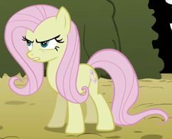 Size: 590x476 | Tagged: safe, derpibooru import, screencap, fluttershy, earth pony, pony, g4, season 2, the return of harmony, annoyed, cropped, discorded, earth pony fluttershy, female, flutterbitch, fluttercruel, glare, looking at someone, mare, missing wing, offscreen character, race swap, solo, standing