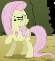 Size: 453x499 | Tagged: safe, derpibooru import, screencap, fluttershy, earth pony, pony, g4, season 2, the return of harmony, cropped, discorded, earth pony fluttershy, eyes closed, female, flutterbitch, fluttercruel, head turn, mare, missing wing, race swap, raised hoof, raised leg, standing