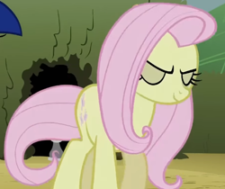 Size: 624x523 | Tagged: safe, derpibooru import, screencap, fluttershy, twilight sparkle, earth pony, pony, g4, season 2, the return of harmony, cropped, discorded, earth pony fluttershy, eyes closed, female, flutterbitch, fluttercruel, imminent whipping, mare, missing wing, offscreen character, race swap, solo, walking