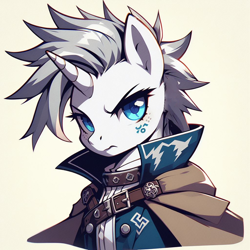 Size: 1024x1024 | Tagged: safe, ai content, derpibooru import, edit, generator:dall-e 3, machine learning generated, oc, oc only, oc:lancer thunderstride, pony, unicorn, blue eyes, brown coat, clothes, collar, eyelashes, feral, grey hair, light skin, male, prompter:lancer-thunderstorm, simple background, solo, stallion