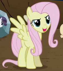 Size: 312x349 | Tagged: safe, derpibooru import, screencap, fluttershy, pegasus, pony, g4, season 2, the return of harmony, cropped, discorded, female, flutterbitch, fluttercruel, looking at someone, mare, offscreen character, open mouth, open smile, smiling, solo focus, spread wings, standing, wings