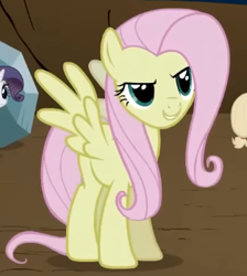 Size: 313x350 | Tagged: safe, derpibooru import, screencap, fluttershy, pegasus, pony, g4, season 2, the return of harmony, cropped, discorded, evil grin, female, flutterbitch, fluttercruel, grin, looking at someone, mare, offscreen character, smiling, solo focus, spread wings, standing, wings