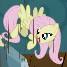 Size: 225x223 | Tagged: safe, derpibooru import, screencap, fluttershy, pegasus, pony, g4, season 2, the return of harmony, chocolate, chocolate rain, cropped, discorded, female, flutterbitch, fluttercruel, flying, food, laughing, looking at someone, looking down, mare, offscreen character, open mouth, open smile, pure unfiltered evil, rain, smiling