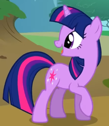 Size: 305x353 | Tagged: safe, derpibooru import, screencap, twilight sparkle, unicorn twilight, pony, unicorn, g4, season 2, the return of harmony, cropped, cute, female, head turn, looking at someone, looking back, mare, open mouth, open smile, raised hoof, raised leg, smiling, standing, twiabetes