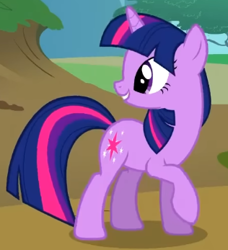 Size: 316x347 | Tagged: safe, derpibooru import, screencap, twilight sparkle, unicorn twilight, pony, unicorn, g4, season 2, the return of harmony, cropped, cute, female, grin, head turn, looking at someone, looking back, mare, open mouth, raised hoof, raised leg, smiling, standing, twiabetes