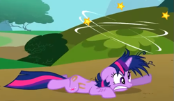 Size: 609x356 | Tagged: safe, derpibooru import, screencap, twilight sparkle, unicorn twilight, pony, unicorn, g4, season 2, the return of harmony, cropped, derp, dizzy, female, hoofprints, lying down, mare, messy mane, pain, prone