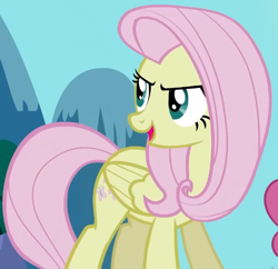 Size: 614x594 | Tagged: safe, derpibooru import, screencap, fluttershy, pegasus, pony, g4, season 2, the return of harmony, cropped, discorded, female, flutterbitch, fluttercruel, folded wings, head turn, looking back, mare, offscreen character, open mouth, open smile, smiling, wings