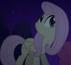 Size: 712x650 | Tagged: safe, derpibooru import, screencap, fluttershy, pegasus, pony, g4, season 2, the return of harmony, cropped, discorded, female, flutterbitch, fluttercruel, folded wings, looking up, mare, night, shocked, surprised, wings