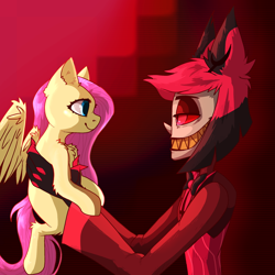 Size: 2048x2048 | Tagged: safe, derpibooru import, fluttershy, deer, demon, pegasus, pony, undead, wendigo, friendship is magic, g4, alastor, crossover, deer demon, hazbin hotel, hellaverse, overlord demon, sinner demon, that's entertainment