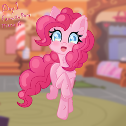 Size: 2500x2500 | Tagged: safe, artist:bubblegooey, derpibooru import, pinkie pie, earth pony, pony, g4, :d, art challenge, bipedal, blurry background, blushing, cute, diapinkes, ear fluff, ears, female, fluffy, front view, happy, heart, heart eyes, high res, hoof fluff, leg fluff, looking at you, mare, neck fluff, open mouth, open smile, pink coat, pink mane, pink tail, raised hoof, raised leg, smiling, smiling at you, solo, sugarcube corner, tail, walking, walking towards you, wingding eyes