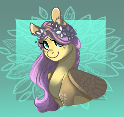 Size: 1700x1600 | Tagged: safe, artist:voncikama, derpibooru import, fluttershy, pegasus, pony, g4, bust, cute, female, flower, flower in hair, gradient background, looking at you, mare, shyabetes, smiling, smiling at you, solo