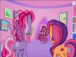 Size: 259x194 | Tagged: safe, derpibooru import, screencap, cheerilee, cheerilee (g3), scootaloo, scootaloo (g3), starsong, g3, g3.5, braid, butt, cutie mark, door, pigtails, plot, rear view, running, tail, waiting for the winter wishes festival, wings
