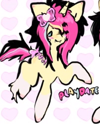 Size: 1440x1784 | Tagged: safe, artist:deadgirl-tv, derpibooru import, oc, oc only, oc:playdate, pony, unicorn, big ears, blue eyes, blushing, bow, cheek piercing, coat markings, colored hooves, ear blush, ears, emo, eyebrows, eyebrows visible through hair, fangs, hair bow, hair over one eye, hooves in air, horn, messy mane, messy tail, multicolored mane, multicolored tail, patterned background, piercing, ponysona, scene, smiling, socks (coat marking), solo, stitches, tail, tail bow, text, unicorn oc, unshorn fetlocks