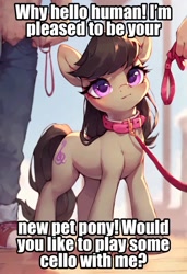 Size: 657x960 | Tagged: safe, ai content, edit, editor:undeadponysoldier, machine learning generated, octavia melody, earth pony, human, pony, collar, cute, female, leash, looking at you, mare, pony pet, talking to viewer, tavibetes, text, topless