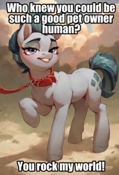 Size: 656x960 | Tagged: safe, ai content, edit, editor:undeadponysoldier, machine learning generated, cloudy quartz, earth pony, pony, collar, compliment, cute, female, implied human, impressed, leash, looking at you, mare, pet, pony pet, pun, talking to viewer