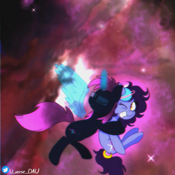 Size: 3000x3000 | Tagged: safe, artist:juniverse, derpibooru import, oc, oc only, oc:juniverse, oc:osiris eclipse, alicorn, earth pony, pony, commission, duo, eyes closed, glowing, glowing horn, horn, hug, magic, messier 42, nebula, smiling, space, space pony, spread wings, stars, surprise hug, universe, wings