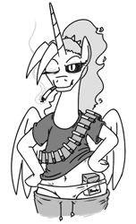 Size: 425x701 | Tagged: safe, artist:jargon scott, derpibooru import, oc, oc only, oc:dyx, alicorn, semi-anthro, bandolier, belly button, black and white, black sclera, cigarette, cigarette pack, clothes, female, grayscale, hoof on hip, looking at you, mare, monochrome, older, older dyx, panties, pants, simple background, smiling, smiling at you, smoking, solo, sweatpants, underwear, white background