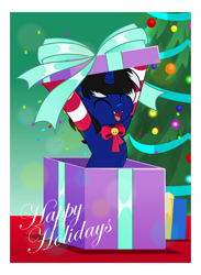 Size: 3654x5001 | Tagged: safe, artist:jhayarr23, derpibooru import, oc, oc only, oc:night reader, bat pony, hybrid, unicorn, bat pony oc, bow, chest fluff, christmas, christmas tree, clothes, commission, holiday, horn, hybrid oc, present, smiling, socks, solo, striped socks, tree, unicorn oc, ych result