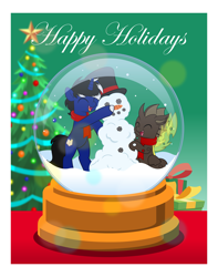 Size: 3933x5000 | Tagged: safe, artist:jhayarr23, derpibooru import, oc, oc only, oc:night reader, oc:trex vyrax, bat pony, changeling, hybrid, unicorn, bat pony oc, changeling oc, christmas, christmas tree, clothes, commission, holiday, horn, hybrid oc, scarf, smiling, snow, snow globe, snowman, tree, unicorn oc, ych result, yellow changeling
