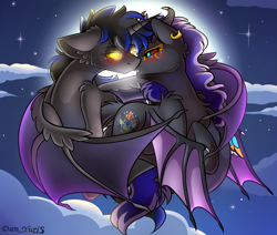 Size: 2451x2080 | Tagged: safe, alternate version, artist:yuris, derpibooru import, oc, oc only, oc:iahkhet, oc:lance, alicorn, bat pony, pony, alternate character, blushing, clothes, ears back, ears up, female, flying, full moon, imminent kissing, male, moon, night, shipping, sky, straight