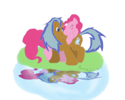 Size: 1280x1024 | Tagged: safe, artist:revalate, derpibooru import, pinkie pie, oc, oc:cold storm, earth pony, pony, g4, 2012, blushing, canon x oc, embrace, eyes closed, female, male, mare, reflection, signature, simple background, smiling, stallion, straight, tail, water, white background