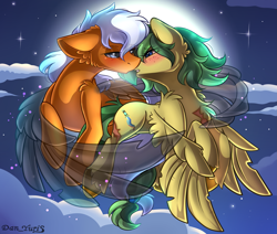 Size: 2451x2080 | Tagged: safe, alternate version, artist:yuris, derpibooru import, oc, oc only, oc:forlex, oc:misa amore, earth pony, pegasus, pony, alternate character, blushing, clothes, ears back, ears up, female, flying, full moon, imminent kissing, magic, male, moon, night, shipping, sky