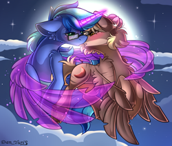 Size: 2451x2080 | Tagged: safe, alternate version, artist:yuris, derpibooru import, oc, oc only, oc:amy, oc:blue cola, pegasus, pony, unicorn, alternate character, blushing, clothes, ears back, ears up, female, flying, full moon, glasses, imminent kissing, magic, male, moon, night, shipping, sky, straight