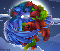 Size: 2451x2080 | Tagged: safe, alternate version, artist:yuris, derpibooru import, oc, oc only, pegasus, pony, alternate character, blushing, clothes, ears back, ears up, female, flying, full moon, imminent kissing, lesbian, male, moon, night, shipping, sky, straight