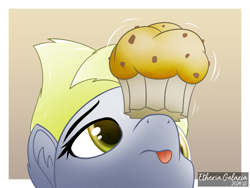 Size: 2880x2160 | Tagged: safe, artist:etheria galaxia, derpibooru import, derpy hooves, pony, g4, :p, ear fluff, ears, food, gradient background, muffin, tongue, tongue out, watermark