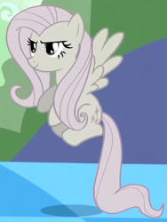 Size: 455x605 | Tagged: safe, derpibooru import, screencap, fluttershy, pegasus, pony, g4, season 2, the return of harmony, cropped, discorded, female, flutterbitch, fluttercruel, flying, looking at someone, mare, offscreen character, solo