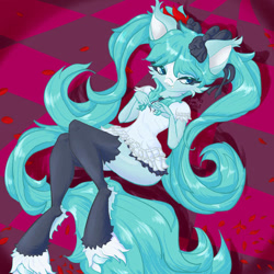 Size: 750x750 | Tagged: safe, artist:umbrapone, derpibooru import, anthro, anime, bedroom eyes, bow, clothes, cute, cute little fangs, dress, fanart, fangs, frilly dress, hair accessory, hair bow, hatsune miku, long hair, long tail, lying down, on back, petals, pigtails, playing with hair, ponytail, ribbon, skirt, socks, tail, thigh highs, twintails, vocaloid, wide hips