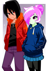 Size: 1004x1452 | Tagged: safe, artist:nekojackun, artist:rosemile mulberry, derpibooru import, oc, oc only, oc:red soul, oc:rosemile mulberry, human, collaboration, equestria girls, g4, clothes, hair bun, hoodie, jacket, skirt