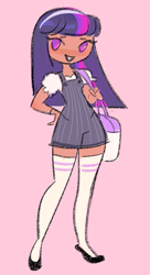 Size: 553x1013 | Tagged: safe, artist:shugrcube, derpibooru import, twilight sparkle, human, clothes, female, grin, hand on hip, humanized, looking at you, overalls, pink background, simple background, smiling, smiling at you, solo, stockings, tan skin, thigh highs