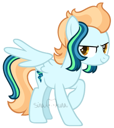 Size: 1041x1173 | Tagged: safe, artist:sinamuna, derpibooru import, oc, oc only, oc:flashbang, pegasus, pony, au:mewverse next gen, base used, blue hair, cutie mark, female to male, green hair, male, next generation, orange eyes, orange hair, parent:lightning dust, parent:rainbow dash, rule 63, smiling, smirk, solo, striped hair, transformation, transgender, transgender transformation