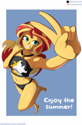 Size: 2480x3805 | Tagged: safe, artist:ch0c0sauri0, derpibooru import, sunset shimmer, anthro, human, better together, equestria girls, g4, beach, belly, bikini, cel shading, clip studio paint, clothes, digital art, eyeshadow, face, fanart, hand, happy, humanized, legs, long hair, makeup, shading, simple background, smiling, solo, summer, sun, swimsuit