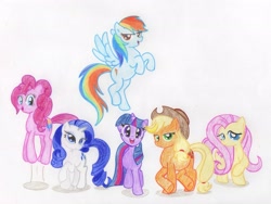 Size: 2977x2233 | Tagged: safe, artist:angeldelaverdad, derpibooru import, applejack, fluttershy, pinkie pie, rainbow dash, rarity, twilight sparkle, unicorn twilight, earth pony, pegasus, pony, unicorn, g4, colored pencil drawing, female, high res, mane six, mare, simple background, traditional art, white background