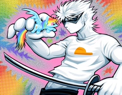 Size: 2048x1596 | Tagged: safe, artist:wolfsrain2003, derpibooru import, rainbow dash, human, pegasus, pony, clothes, crossover, dirk strider, duo, glasses, holding, holding a pony, homestuck, shirt, sword, t-shirt, weapon