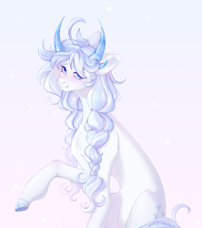 Size: 4254x4784 | Tagged: safe, artist:nnniru, derpibooru import, oc, oc only, pony, absurd resolution, blushing, female, frog (hoof), gradient background, horns, looking at you, mare, raised hoof, raised leg, sitting, smiling, smiling at you, solo, underhoof