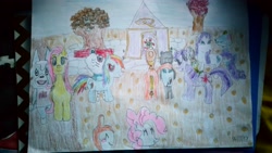 Size: 4208x2368 | Tagged: safe, artist:angellothefox, derpibooru import, applejack, fluttershy, pinkie pie, rainbow dash, rarity, twilight sparkle, unicorn twilight, earth pony, pegasus, pony, unicorn, animal crossing, crossover, eye of horus, mane six, traditional art