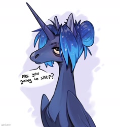 Size: 1800x1900 | Tagged: safe, artist:hattiezazu, derpibooru import, princess luna, alicorn, pony, g4, alternate hairstyle, bags under eyes, bloodshot eyes, colored pinnae, dialogue, ethereal mane, female, folded wings, hair bun, horn, long horn, looking at you, mare, sleep is for the weak, solo, starry mane, tired, wings