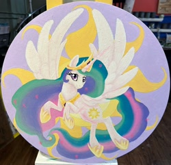 Size: 2048x1976 | Tagged: safe, artist:novadoesarts, derpibooru import, princess celestia, alicorn, pony, g4, female, flying, looking at you, mare, photo, smiling, solo, spread wings, traditional art, wings